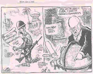 ۱۷ تیر ـ ۸ جولای ـ کاریکاتور سیاسی ژوئیه ۲۰۰۴ رسانه های آمریکا در باره احتمال مداخله نظامی این کشور در کوبا، پس از عراق