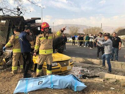 ببینید | اولین تصاویر از محل آتش گرفتن سمند پس از تصادف با کامیون در جاده مخصوص