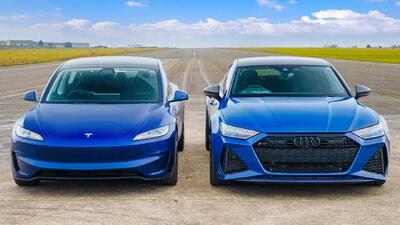 درگ تسلا مدل 3 پرفورمنس با آئودی RS7 پرفورمنس، برق در برابر V8 | مجله پدال