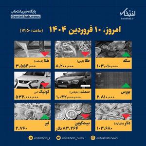 اینفوگرافیک / امروز ۱۰ فروردین قیمت‌ها چقدر است؟ / سکه ۱۰۳ میلیون / طلا ۸.۲ میلیون / دنا پلاس یک میلیارد و ۴۲ میلیون / کوئیک ۵۳۲ میلیون