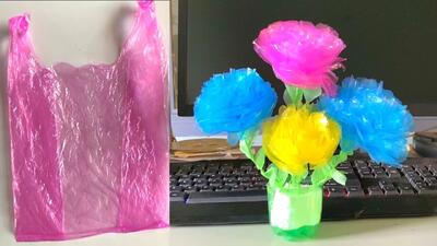 بازیافت کیسه پلاستیکی / ساخت گل های رنگارنگ برای روی میز