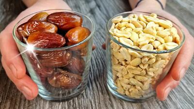 دسر سریع در ۵ دقیقه! دستور پخت شیرینی عصرانه با بادام زمینی و خرما