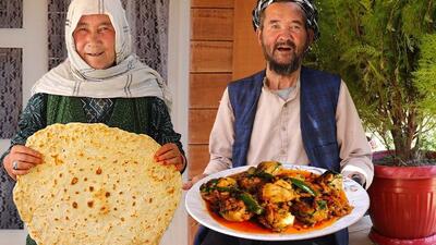 غذای روستایی افغانستان: ترکیب خورشت کاری و نان محلی (فیلم)