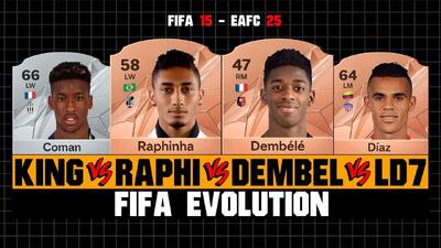 مقایسه ریتینگ رافینیا، دمبله، کومان و دیاز از FIFA 15 تا EA FC 25 - پارس فوتبال