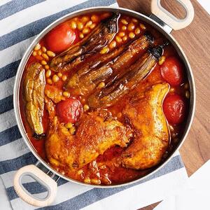 خوراک مرغ و بادمجان مجلسی فقط با یه تابه