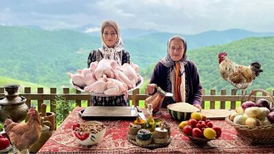 غذای محلی گیلان؛ از آماده‌سازی تا پخت مرغ شکم‌پر در تنور (فیلم)