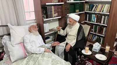 عیادت آیت‌الله سبحانی از آیت‌الله نوری همدانی در قم