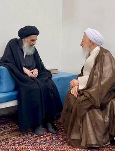 دیدار آیت‌الله جوادی آملی با آیت‌الله سیستانی + عکس