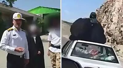 راننده و زنی که روی سقف پراید در حال حرکت نشسته بود دستگیر شدند/ عکس عجیب
