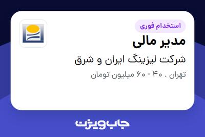 استخدام مدیر مالی - آقا در شرکت لیزینگ ایران و شرق