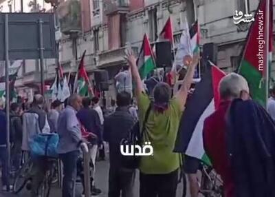 تظاهرات حامیان فلسطین در میلان با شعار  انتفاضه انتفاضه، فلسطین آزاد + فیلم