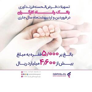 پرداخت بیش از 4,600 میلیارد ریال تسهیلات قرض‌الحسنه فرزندآوری از سوی بانک رفاه کارگران