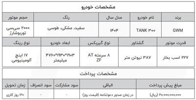پیش فروش خودرو تانک 300 خرداد 1404 + جدول و شرایط