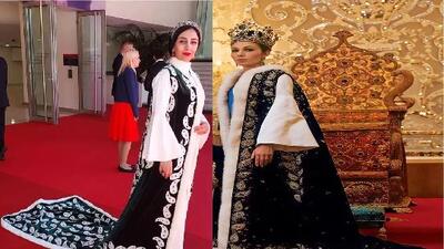 تقلید لباس سمیه سنقری  از لباس سلطنتی روز تاج گذاری فرح پهلوی  ! + فیلم و  عکس ها