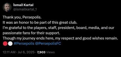واکنش کارتال یک هفته پس از ترک پرسپولیس