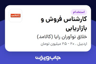 استخدام کارشناس فروش و بازاریابی در خلاق نوآوران رایا (کالامد)